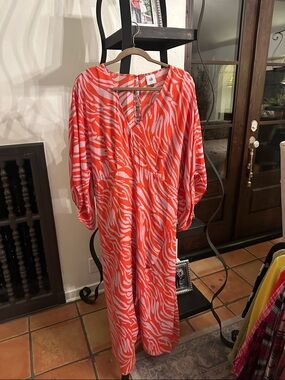 CAbi Bright Orange and White Zebra-Print V-Neck Maxi Dress